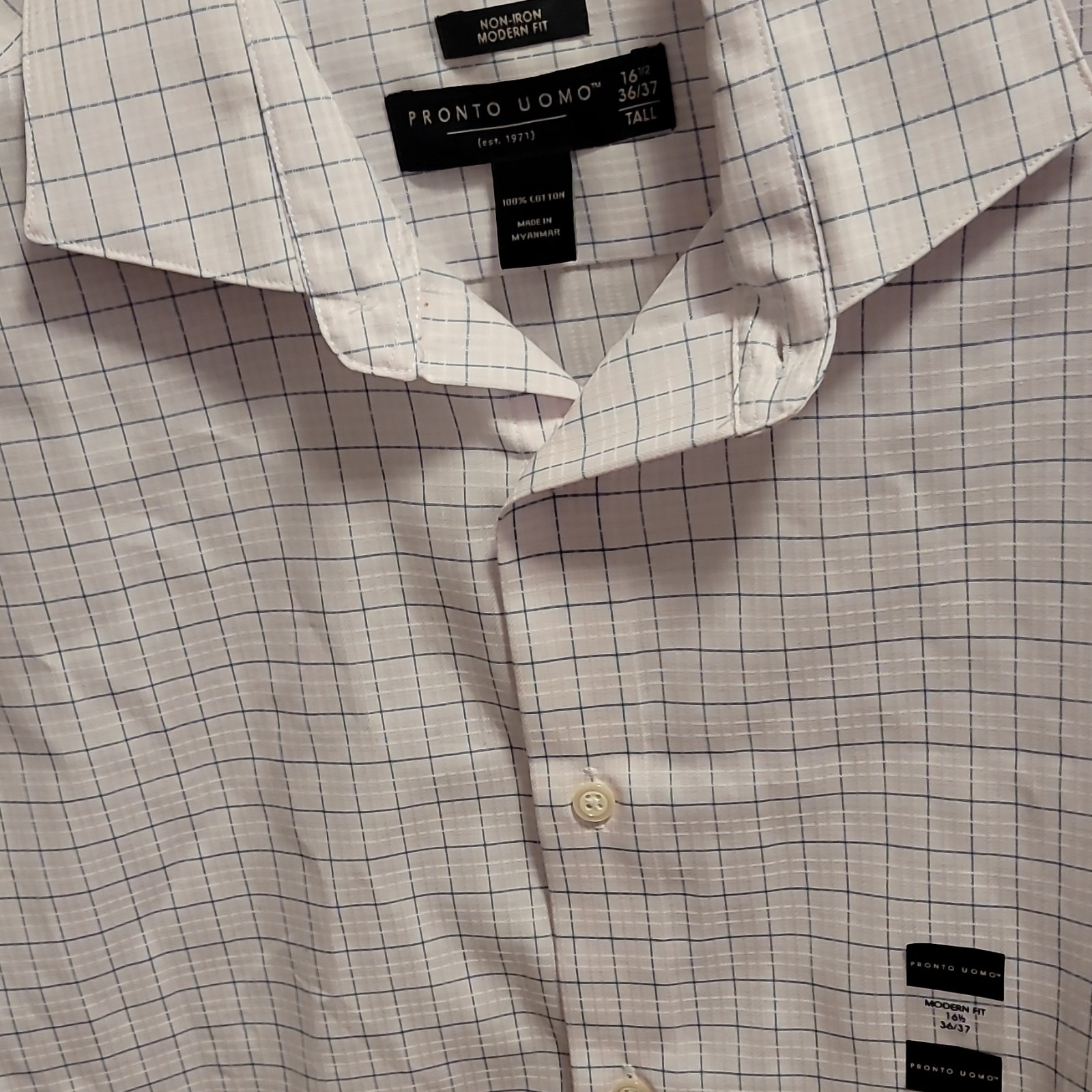 Pronto Uomo Non-Iron Modern Fit Dress Shirt Check White/Blue 16.5 36/37 B&T