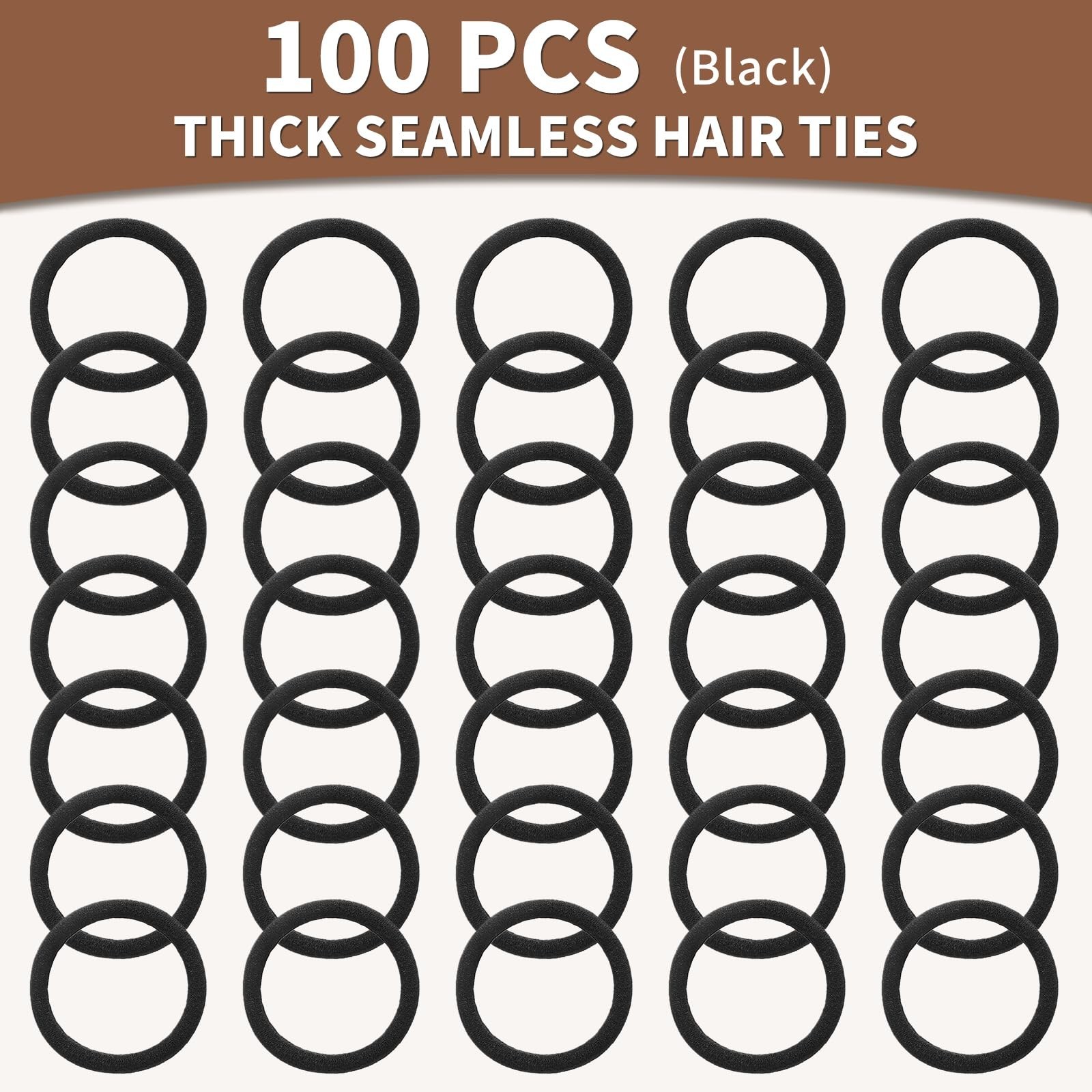 Extra Thick Black Hair Ties 100 Count – Bulk Elastic Bands for Thick Hair, Ponyt