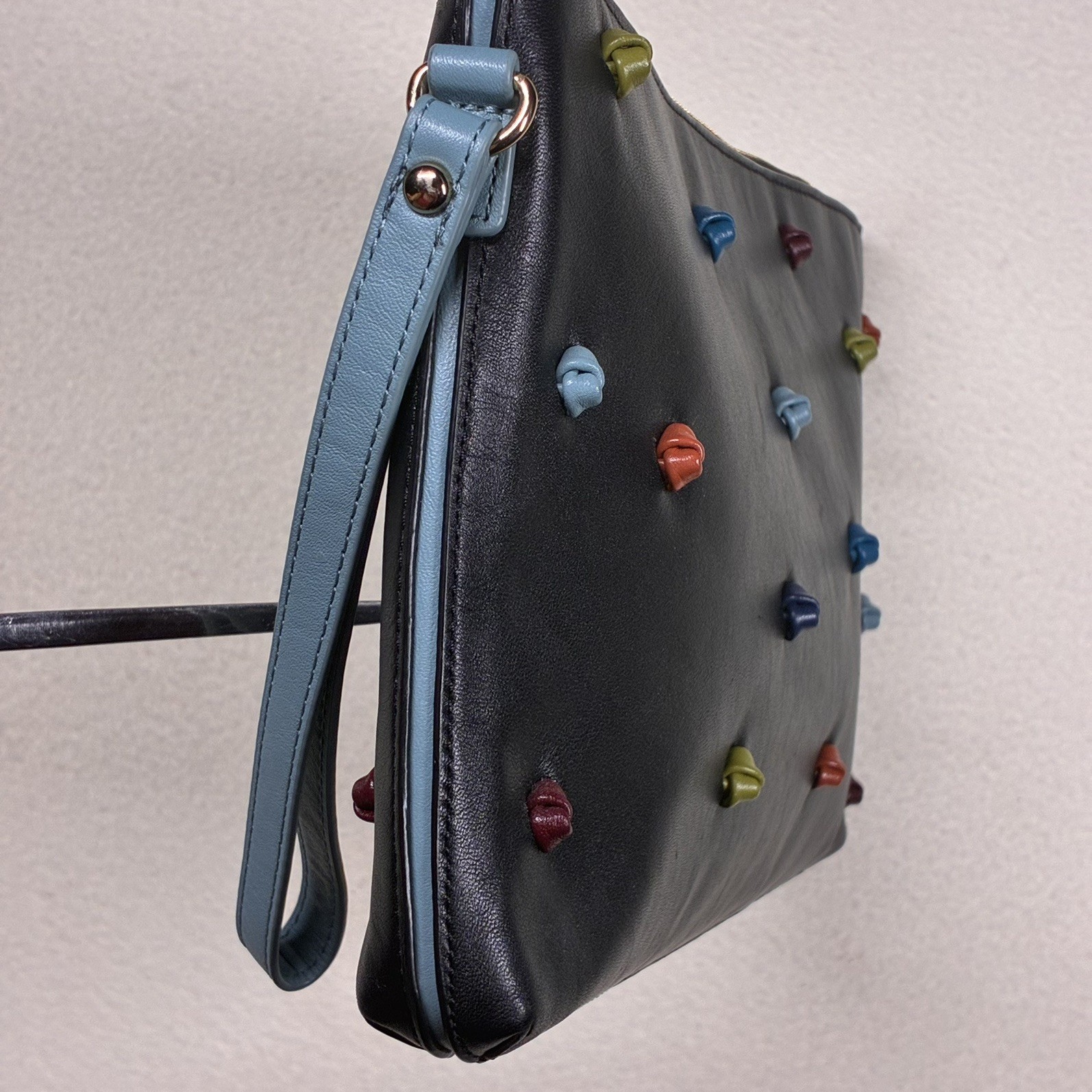 Tehra & B Black Leather Wristlet Clutch Hand-tied Signature Knots Blue Trim