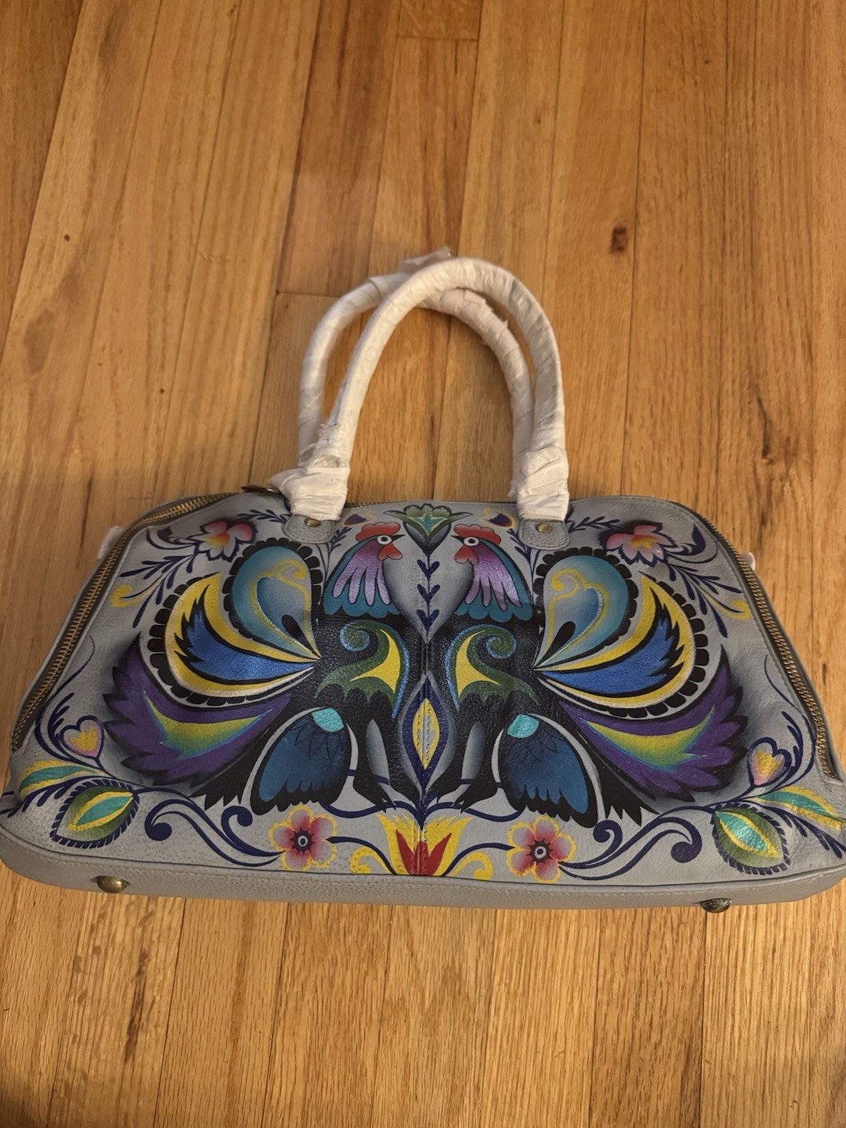 Anuschka Leather Handbag Hand Painted Chicken Print Shoulder Bag With Crossbody