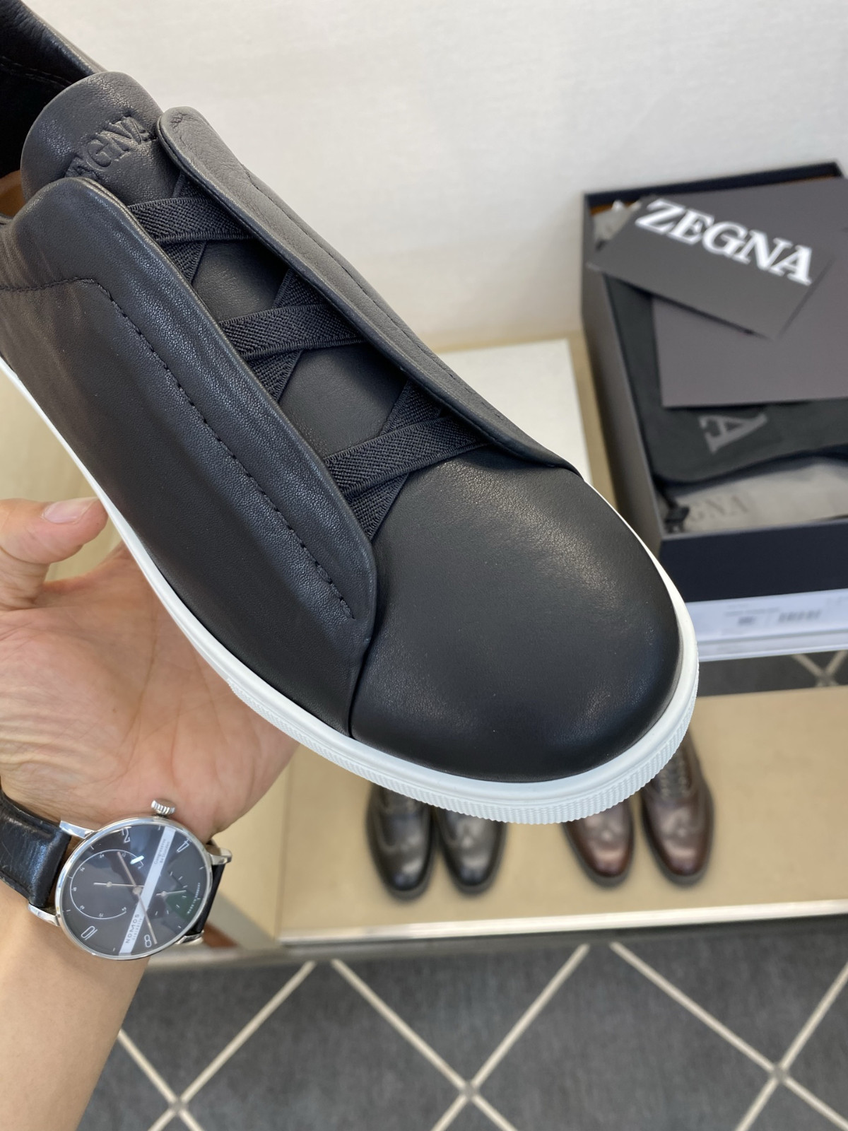 Men’s Zegna Black Leather Triple Stitch Slip On Men’s Casual Sneakers