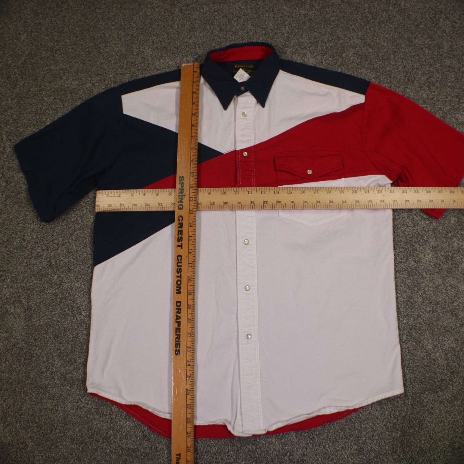 Vintage Rustler by Wrangler Western Shirt Mens Large Red White Blue Cowboy Rodeo