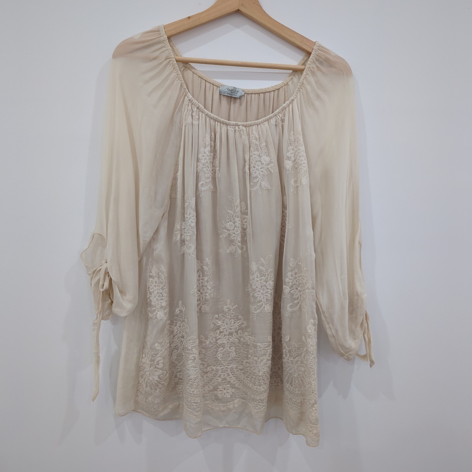 Angela Semi Sheer Embroidered Floral Lace Silk Blouse Top Womens L Ivory Whimsy