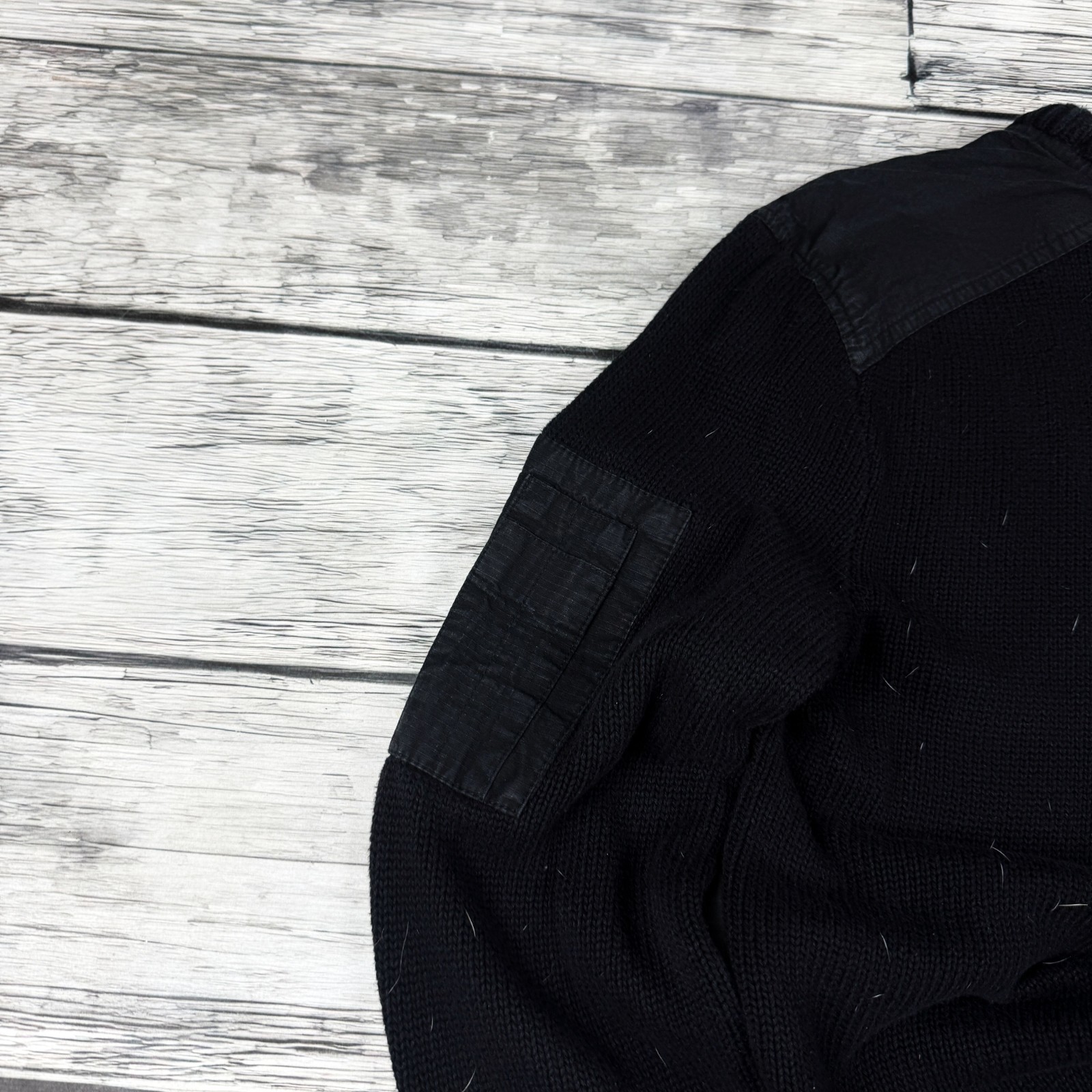 Mens Vintage Black Knit Sweater Zip Pocket Sleeve Minimalist Military Jumper