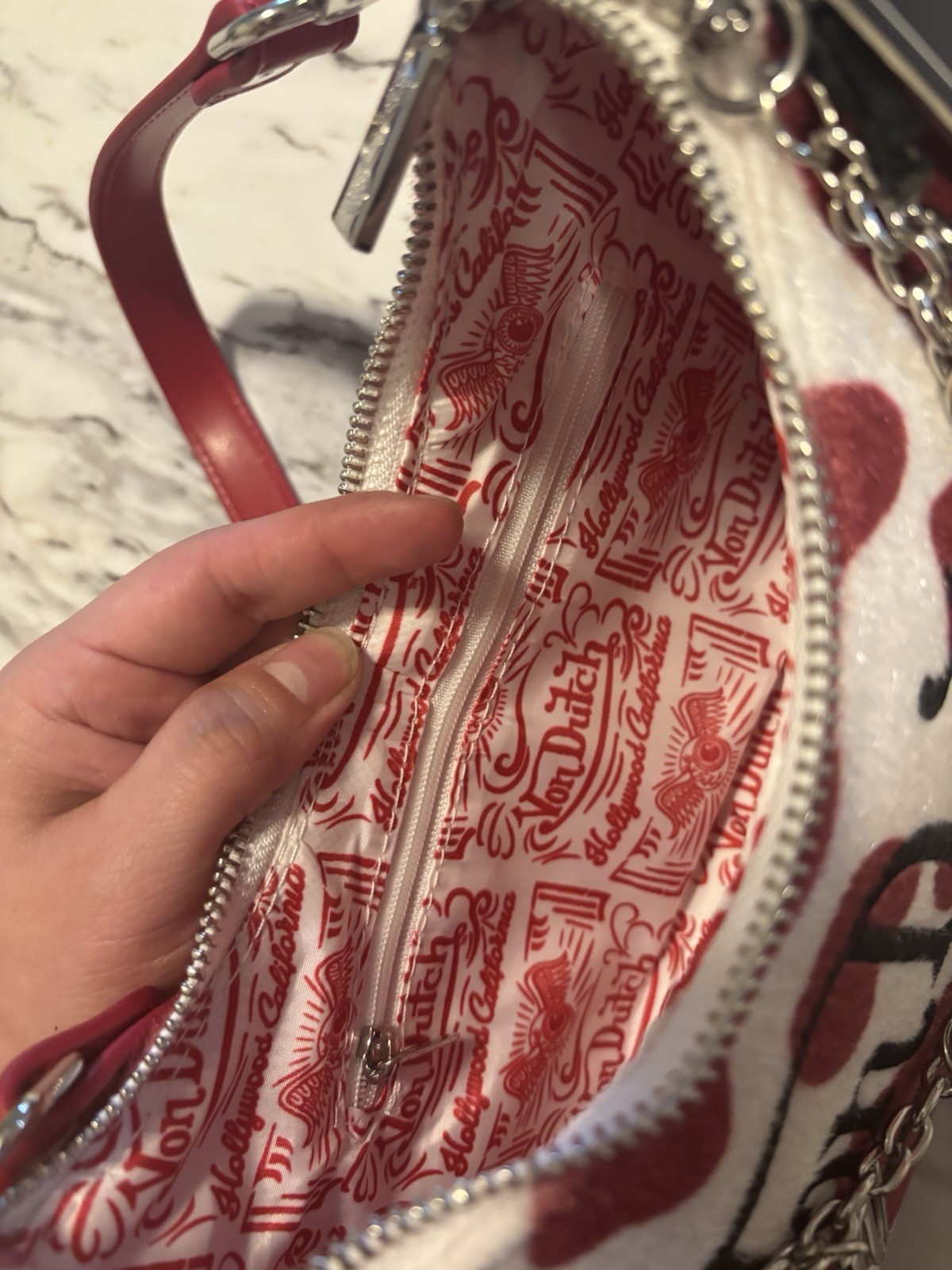 Von Dutch Small Cow Print Shoulder Bag Zip Closure Chain Strap Charm Pockets