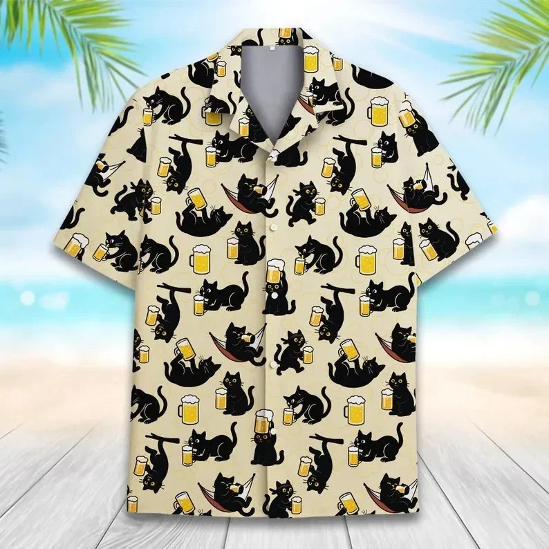 Black Cat Beer Hawaiian Shirt Funny Drinking Aloha Beach Party Summer Top