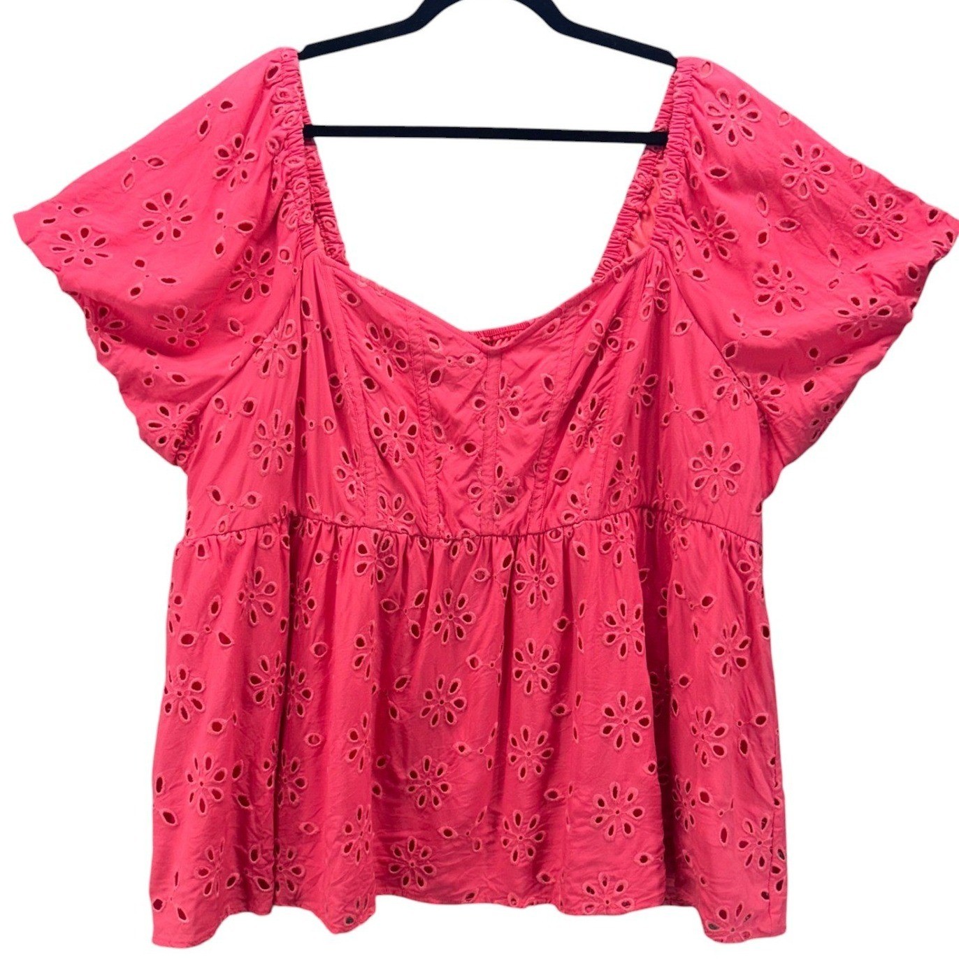 Torrid Pink Eyelet Top 4x Milkmaid Blouse Empire Waist Flutter Sleeve Top