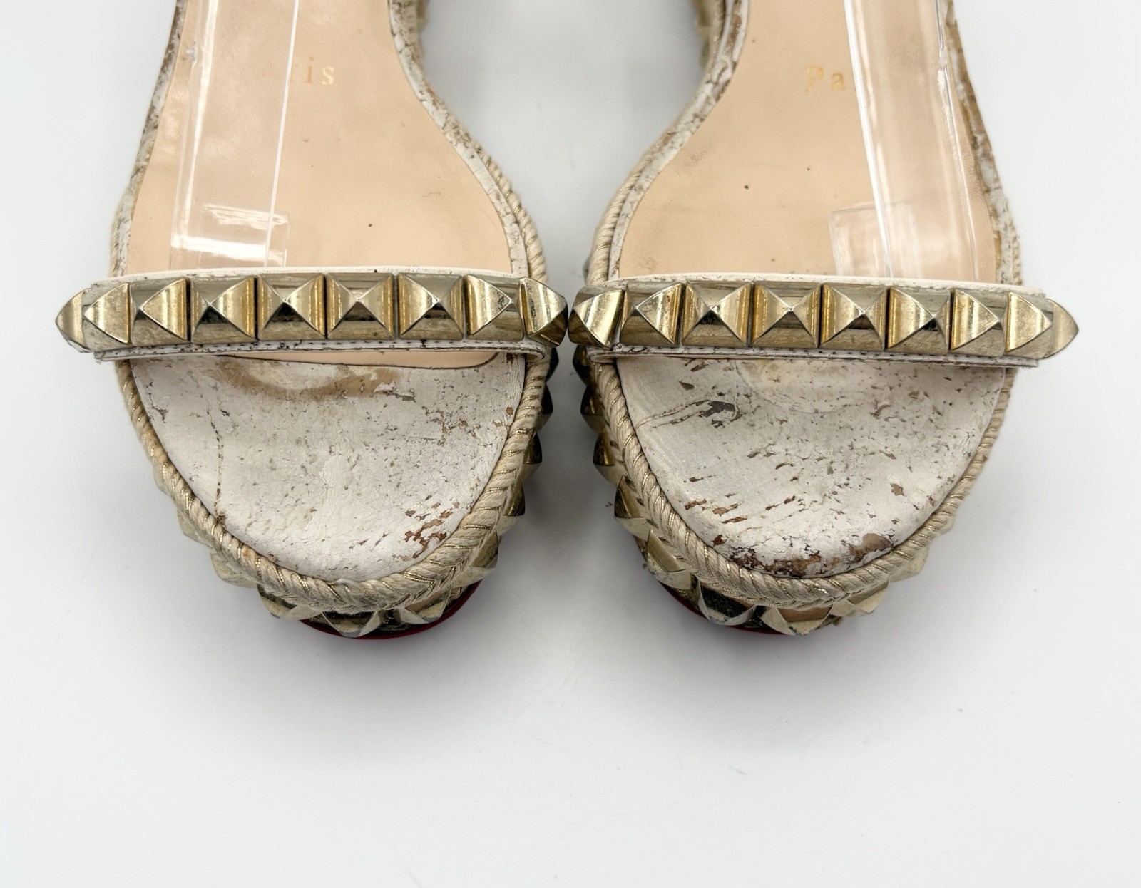 Christian Louboutin Cataclou 60 Cork White & Gold Platform Sandals Sz EU 34