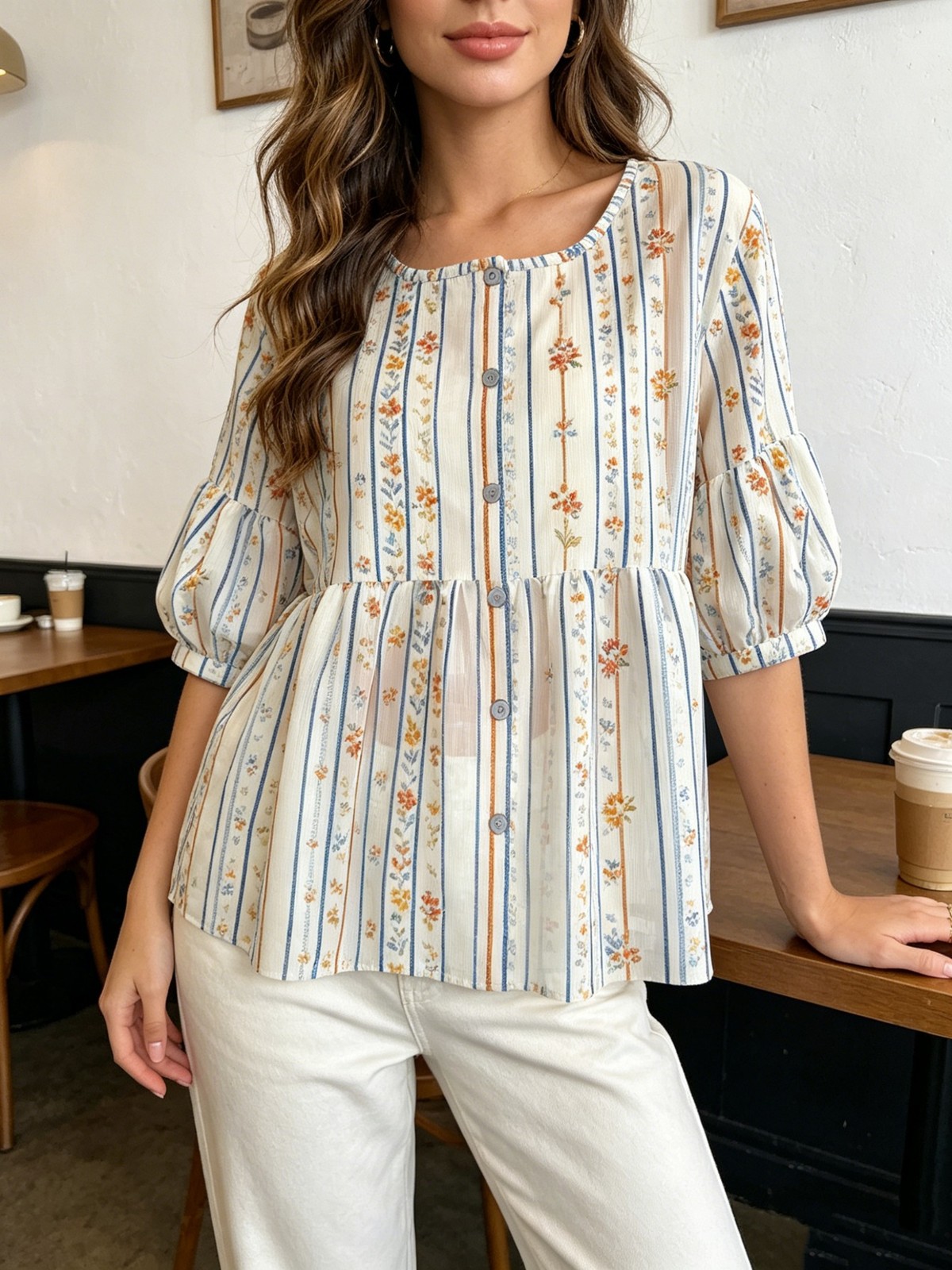 Short Puff Sleeve Crew Neck Button Shirt Cozy Light Fabric Casual Summer Top