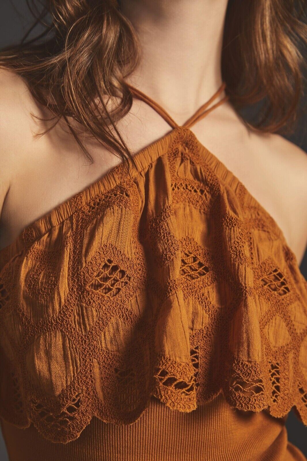 Anthropologie Ruffled Halter Embroidered Tank Blouse Top Ruffle XXS New 255630