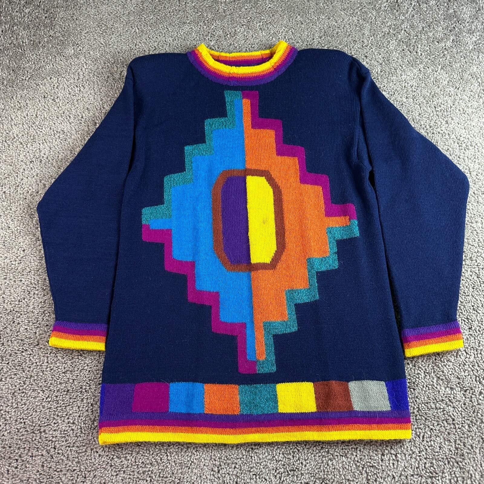 Peruvian Alpaca Sweater Womens M Blue Aztec Southwestern Tribal Shoulder Pads *