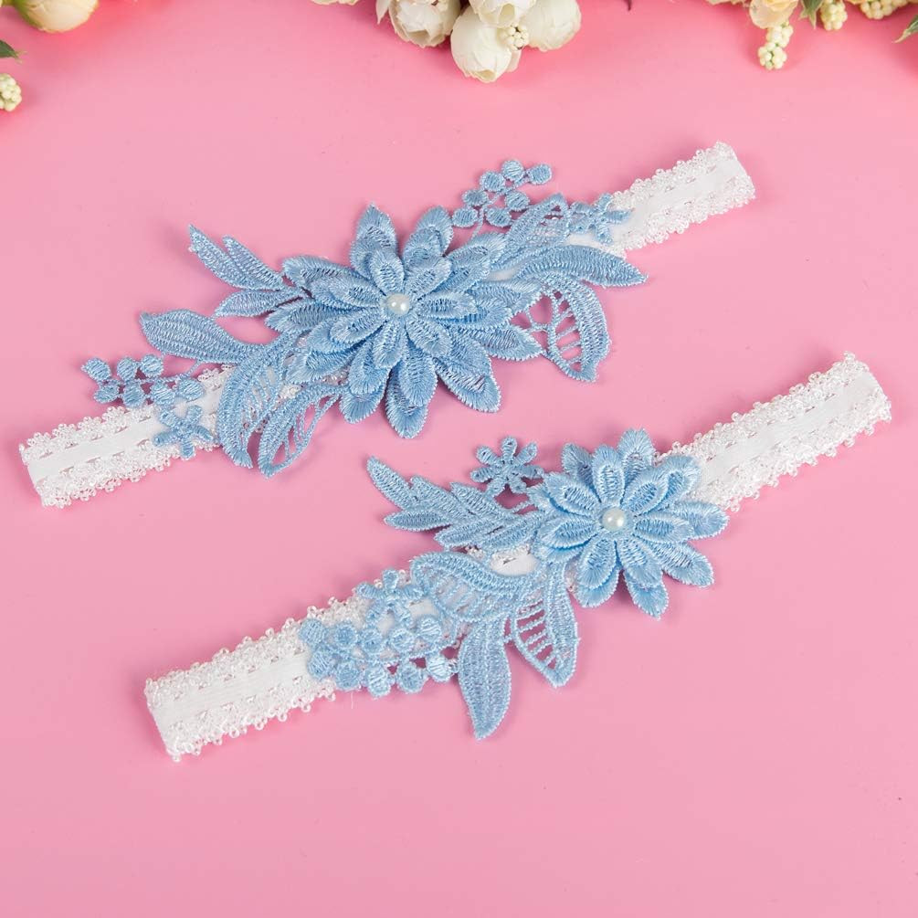 Wedding Garters Set Lace Bridal Garter Stretchy Floral Garter for Bride Blue Whi