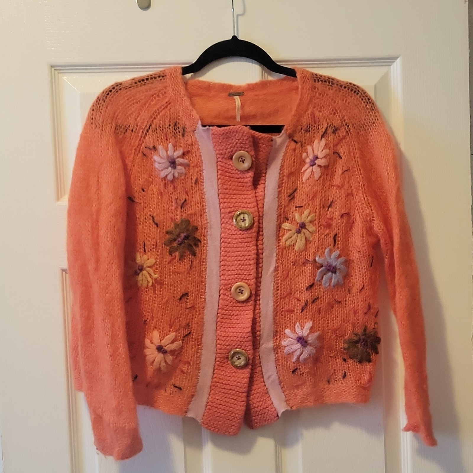 Free People Orange Open-Knit Floral Embroidered Button Crop Cardigan M