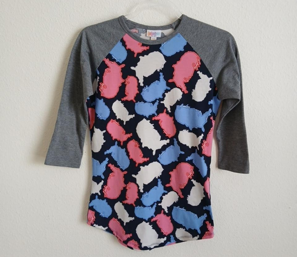 LuLaRoe Women’s XXS Raglan Shirt USA Pattern Multicolor Pre‑Owned
