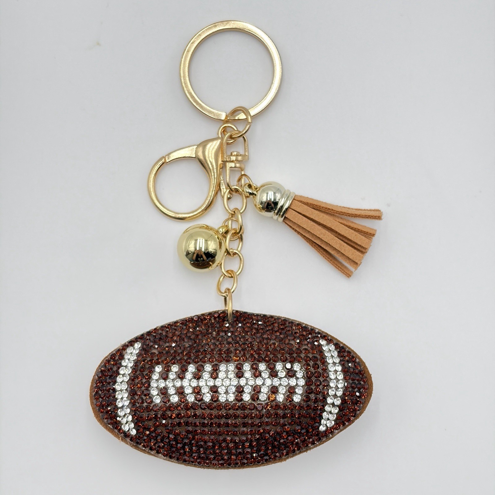 Football Rhinestone Bag Charm Keychain Sports Fan Tassel Brown Gift