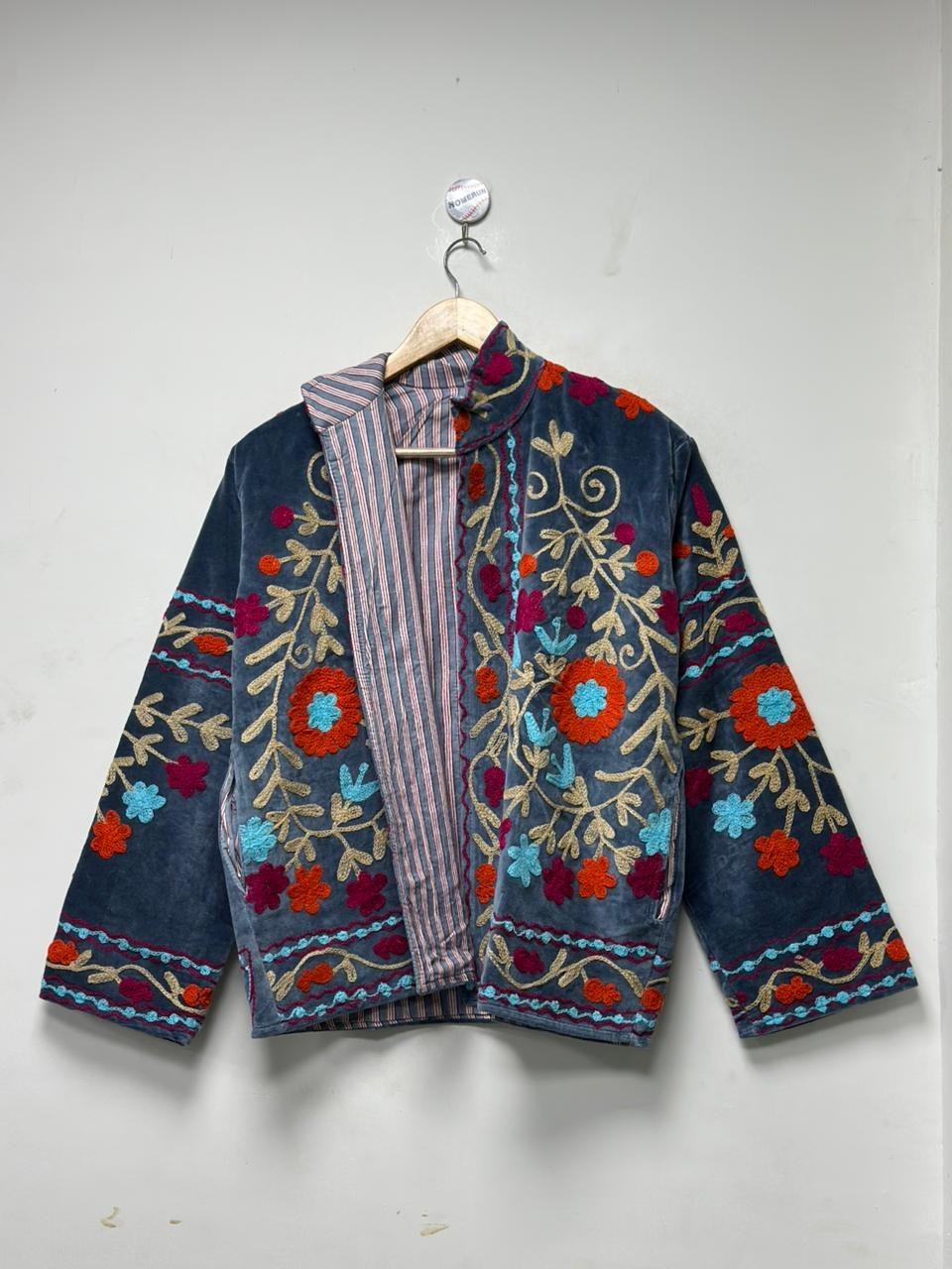 Blue Velvet Suzani Embroidered Jacket Floral Women Boho Festival Statement Coat
