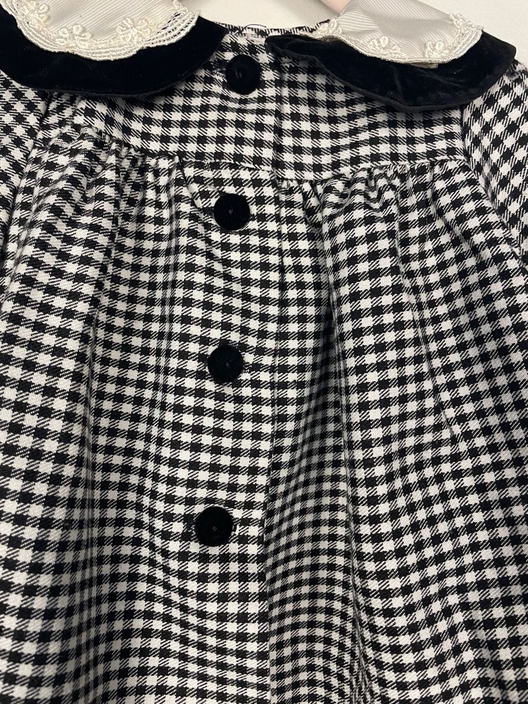 Caitlyn Scott Vintage Baby Black and White Gingham Smock Dress Velvet Collar