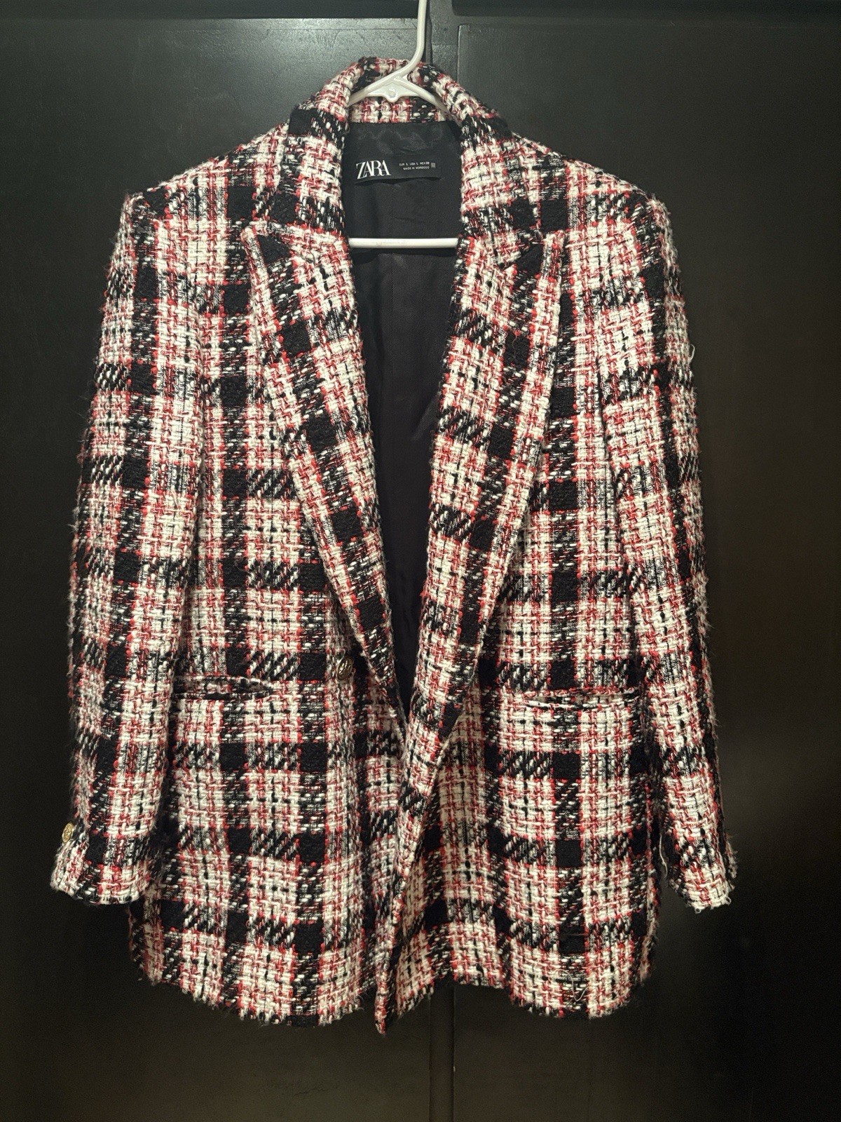 ZARA Women’s Plaid Blazer Jacket L Black White Red Lined Button Pockets