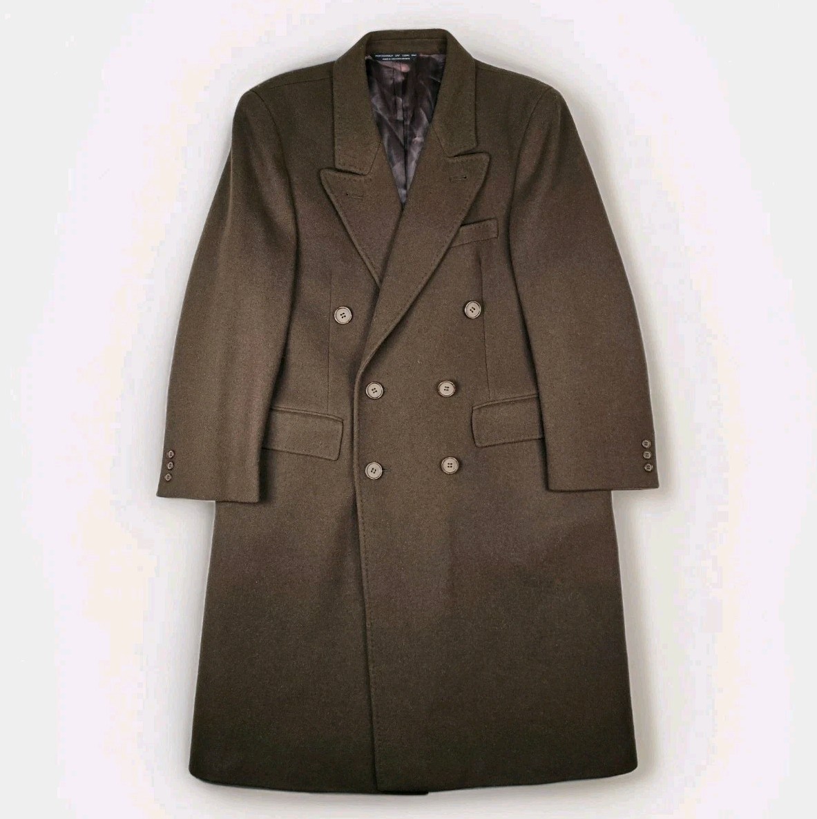 Vtg Double Breasted Wool Coat Men 40S Peak Lapel Flannel Olive Green Heavyweight