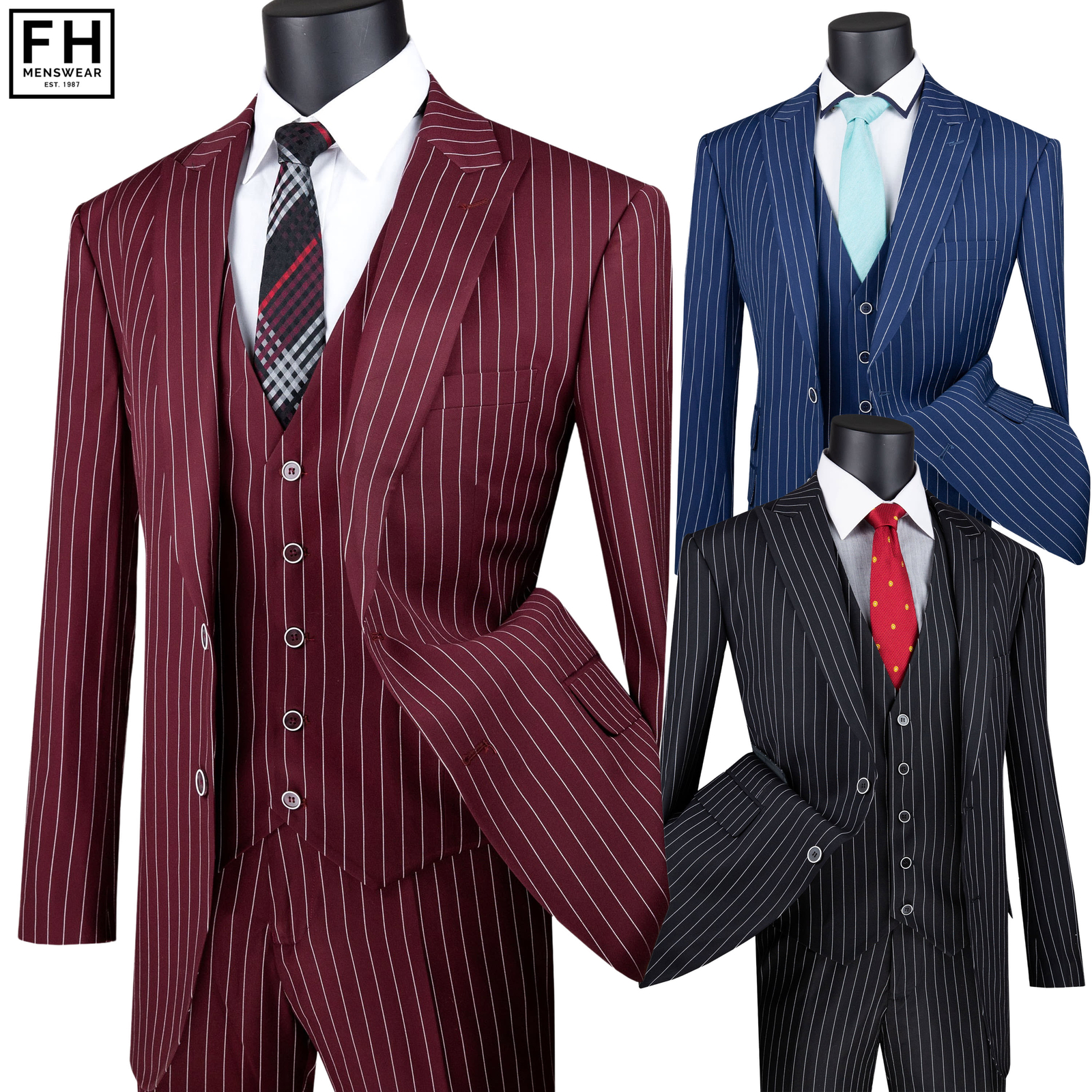 VINCI Men’s Gangster Stripe 3-Piece Suit 38S-62L, 3 Colors, Classic-Fit – NEW