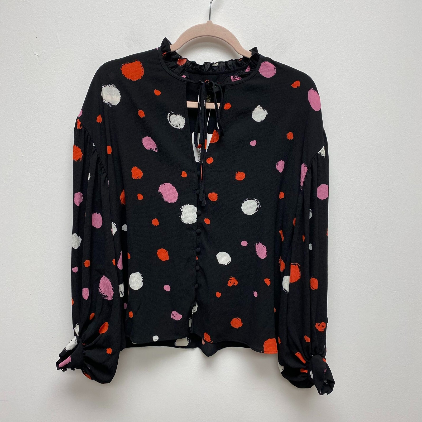 Ted Baker Womens Black Sunrai Spot Print Puff Long Sleeve Frilled Blouse 1 US 4