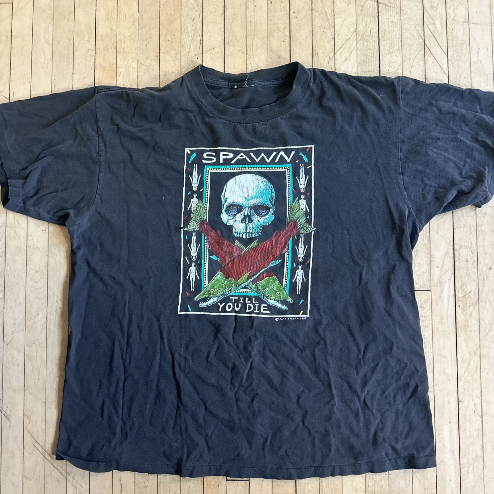 Spawn Till You Die Ray Troll Black T-Crewneck 1987 Vintage Single Stitch XL