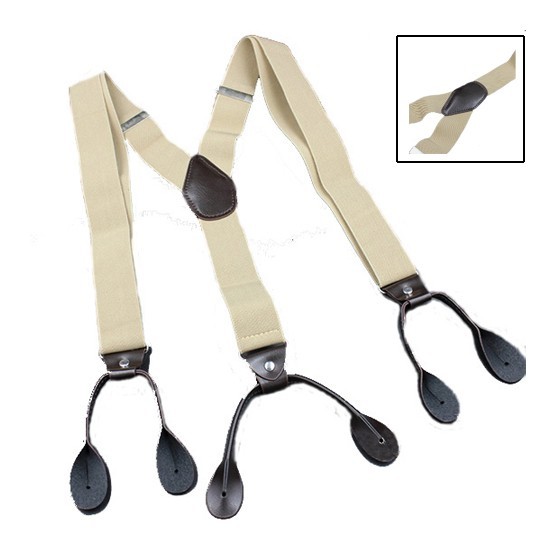 6 Button Holes Link Men’s Suspenders Beige Color 24-43″ Adjustable Length 1.37″W