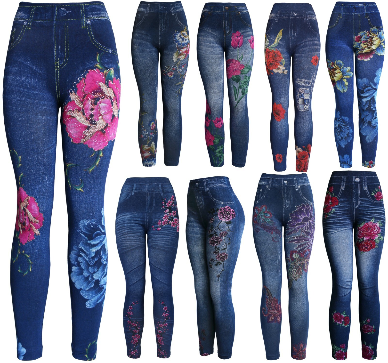High Waist Women’s Denim Print Fake Faux Jeans Leggings Pants