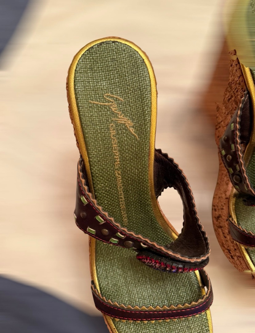 Giuseppe Zanotti Y2K Cork Platform Wedge Mules Sandals Crystal EU 39 US 9