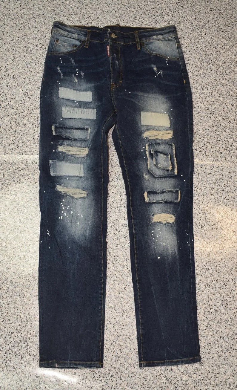 Dsquared2 Men’s Dark Wash Distressed Slim Fit Blue Denim Jeans Size 48