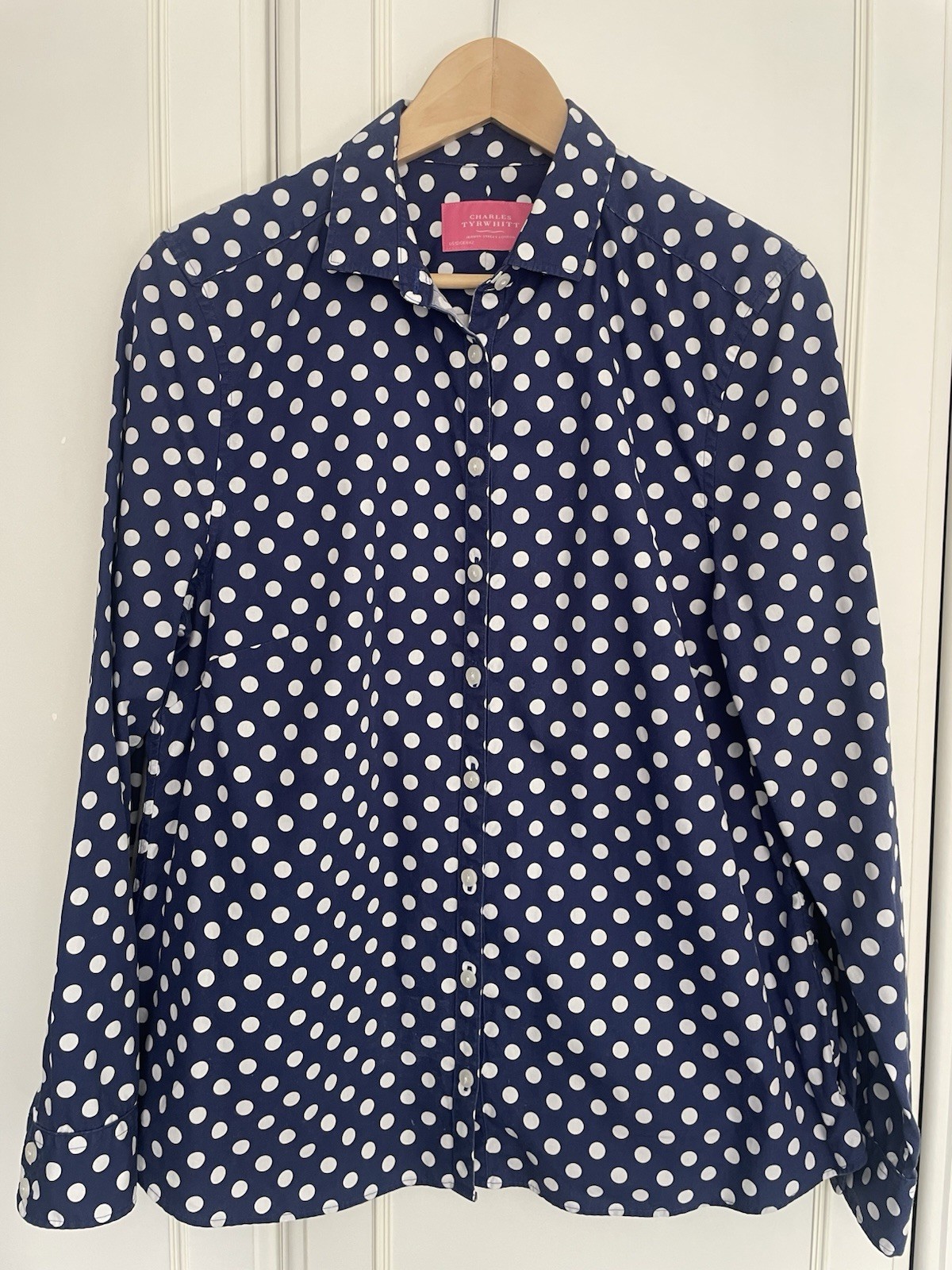 Charles Tyrwhitt Womens Shirt Long Sleeves UK 16 Blue Spotty Semi Fitted Work
