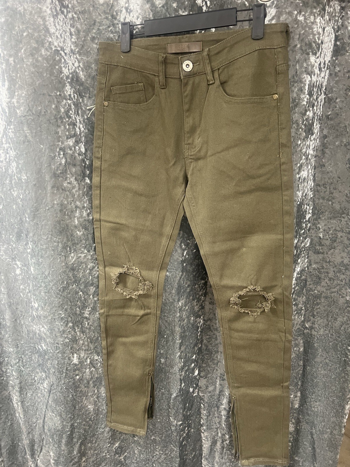 KDNK Comfort Stretch Men’s Green Skinny Denim Jeans Distressed Mid Rise
