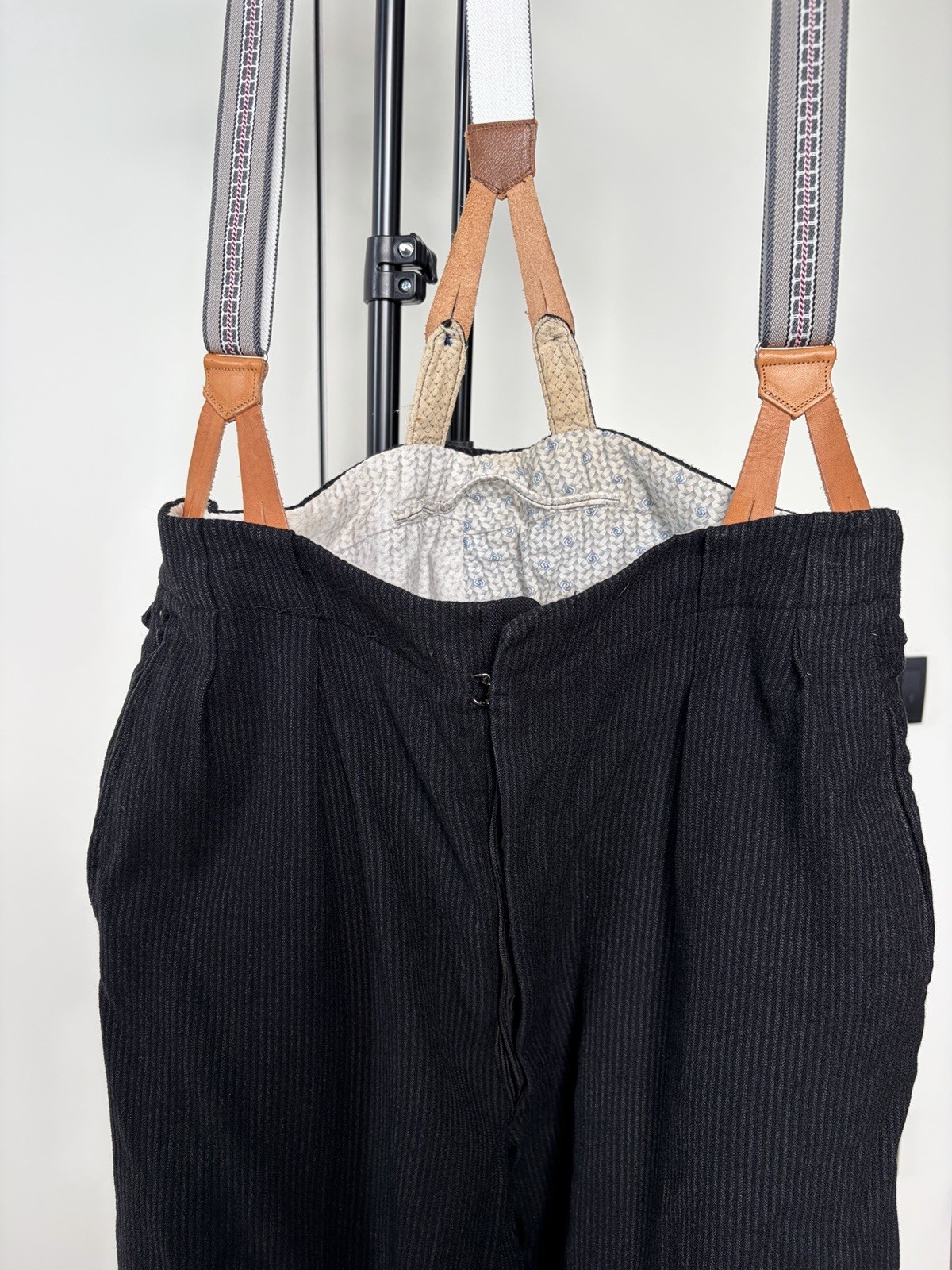 30-50s Work Pinstripe Vtg European Workwear High Waist Suspenders Trousers sz~36
