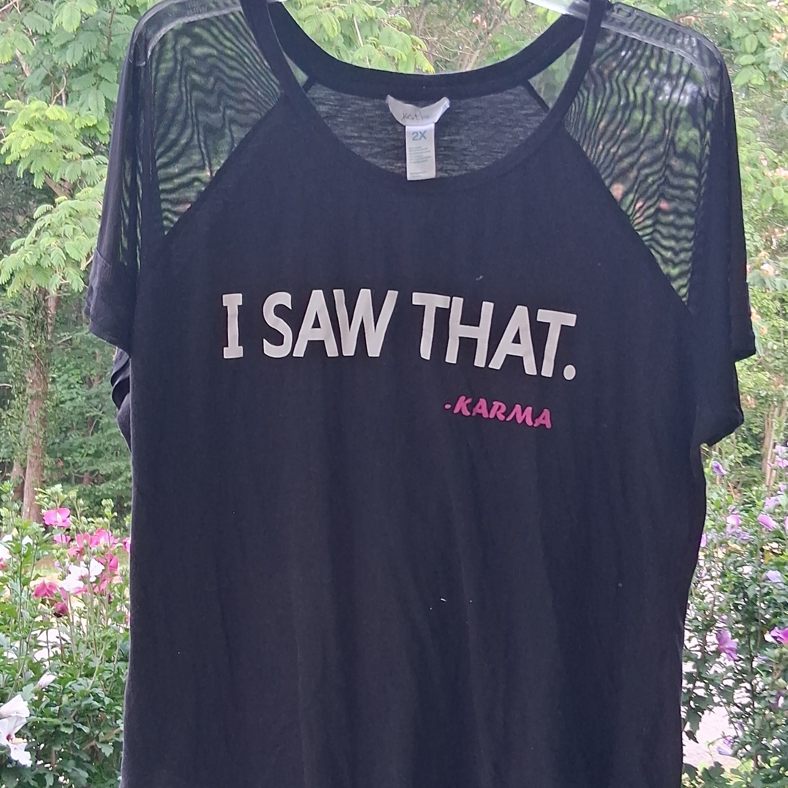 Women’s Plus 2X Black Quote T-Shirt Sheer Yoke Round Neck SS