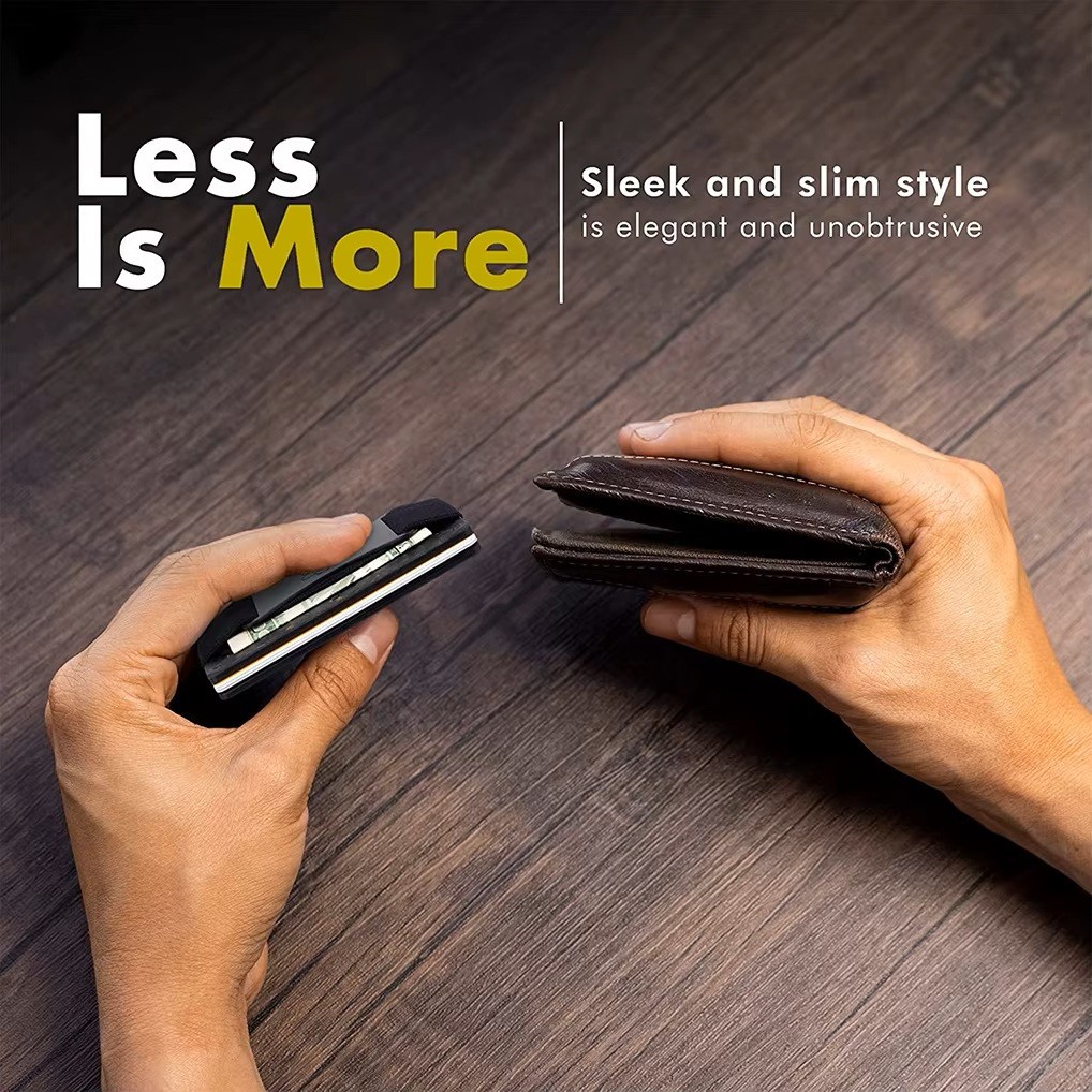 Leatherboss Slim Wallets for Mens Metal Wallet with Cash Strap Thin Minimalist