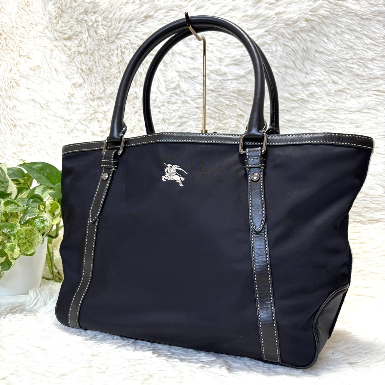 Burberry Blue Label Nylon Leather Tote Bag Horse Logo Black