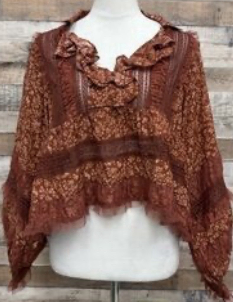 Anthropologie Ruffled V-Neck Popover Blouse Terracotta Red Motif Med OB1866645