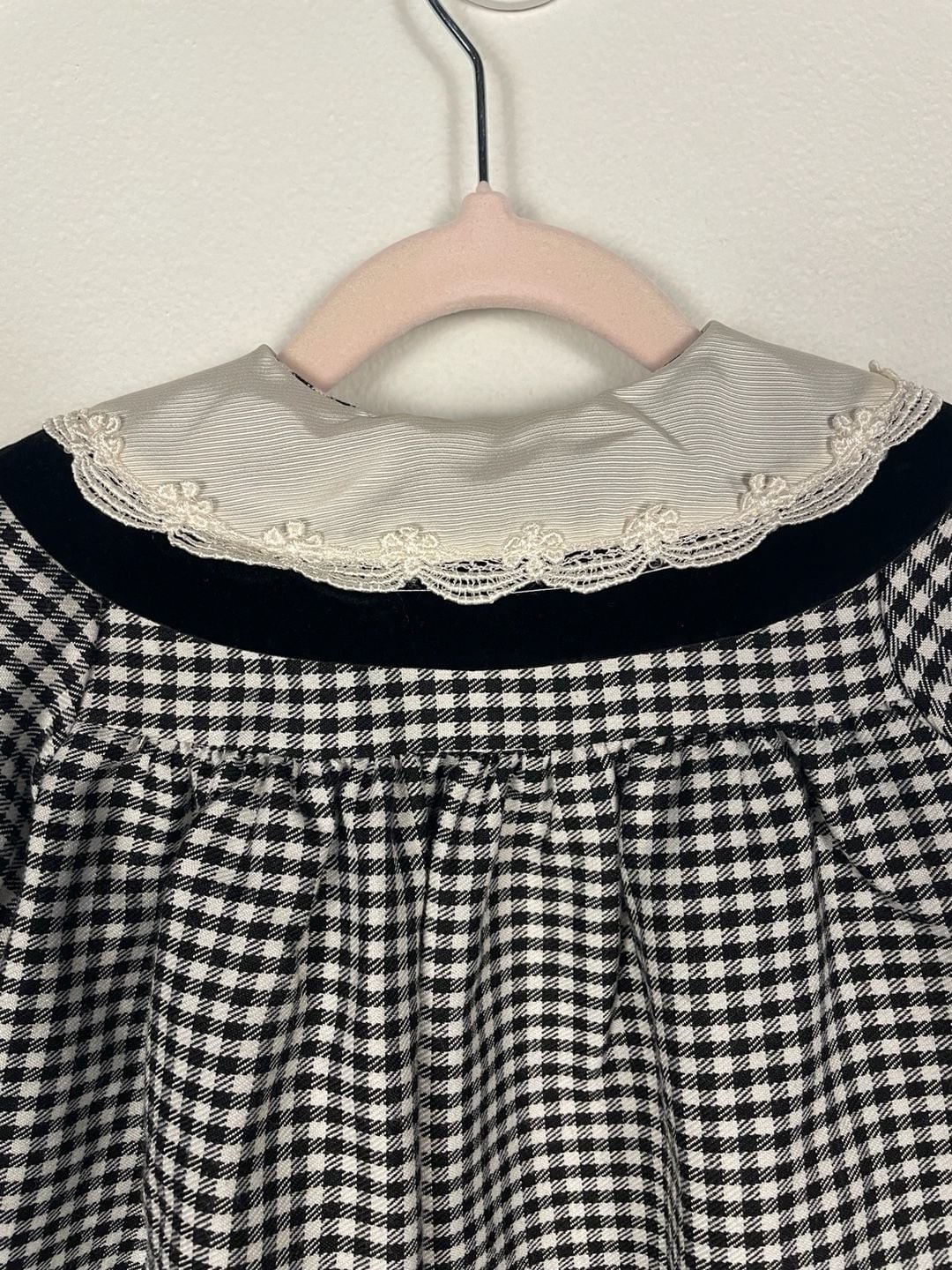 Caitlyn Scott Vintage Baby Black and White Gingham Smock Dress Velvet Collar