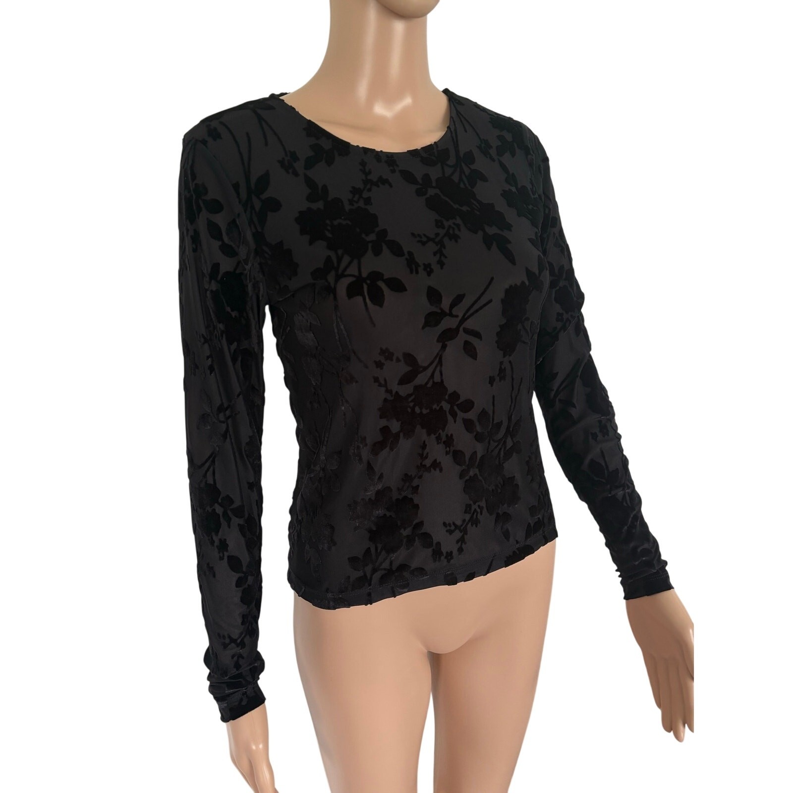 Burnout Velvet Floral Mesh Sheer Long Sleeve Top Goth Whimsigoth Black S