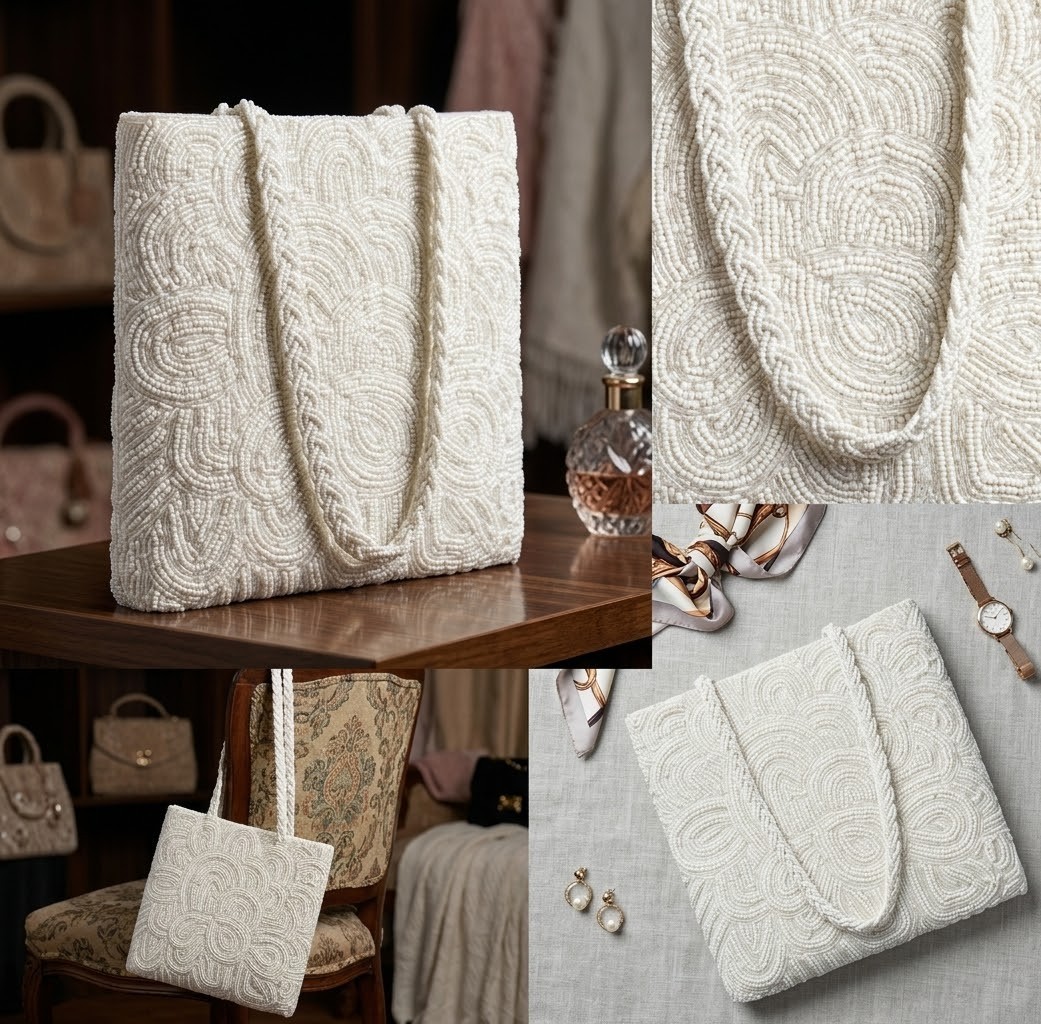 Classic White Beaded Evening Handbag Formal Party Tote Purse Bridal Accessory