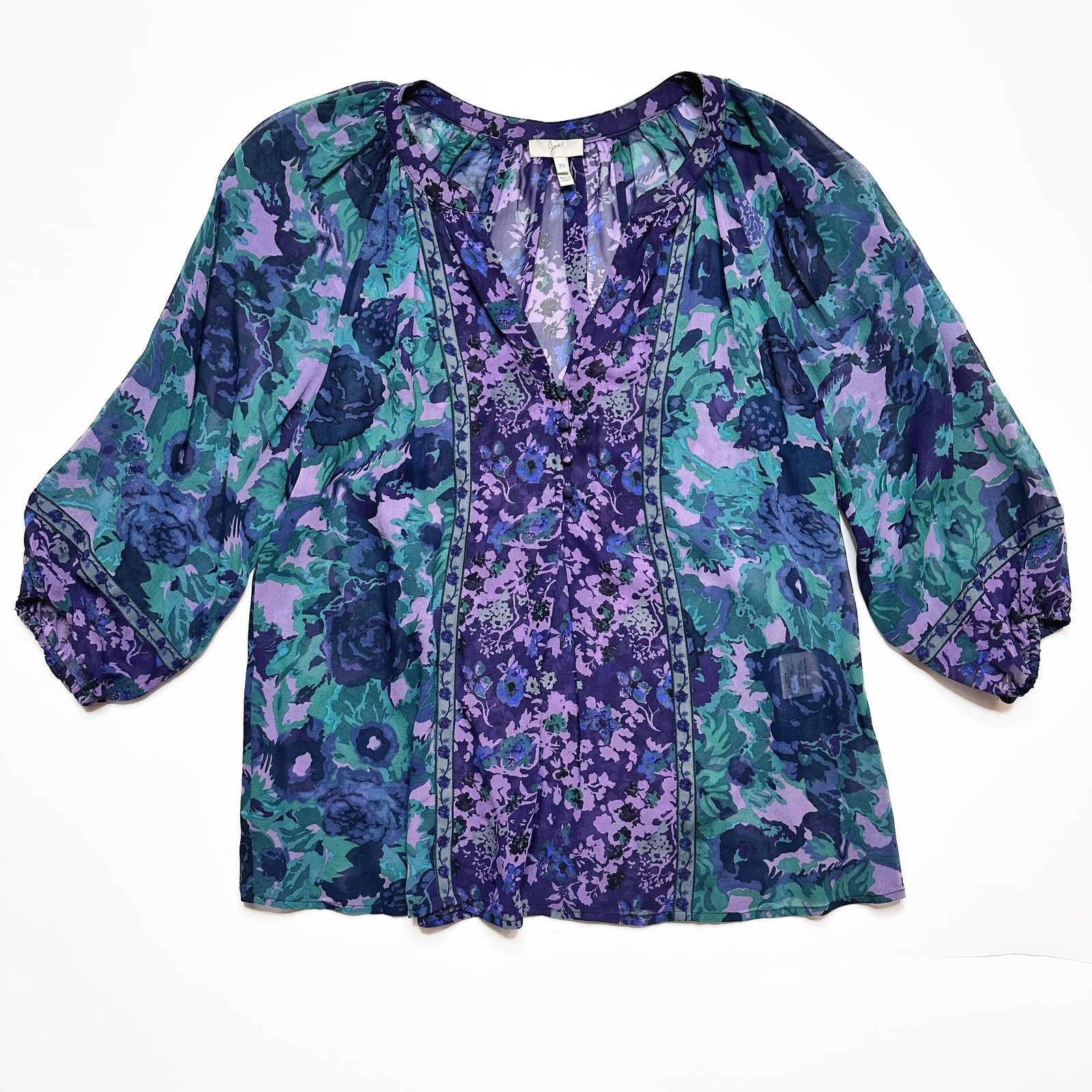 NWOT Joie Gloria Silk Sheer Blue Green Purple Floral Puff Sleeve Blouse Top XS