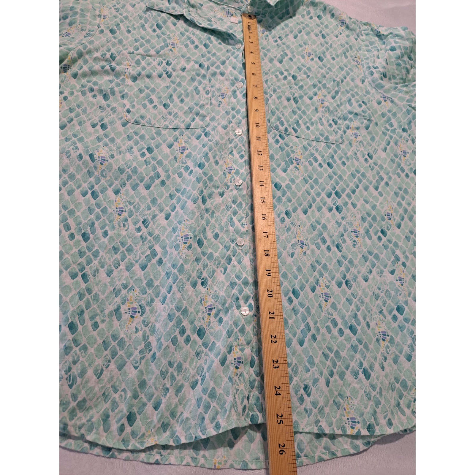 Charter Club XXL Teal Seahorse Scale Print Linen Blend Button Down Shirt Mens