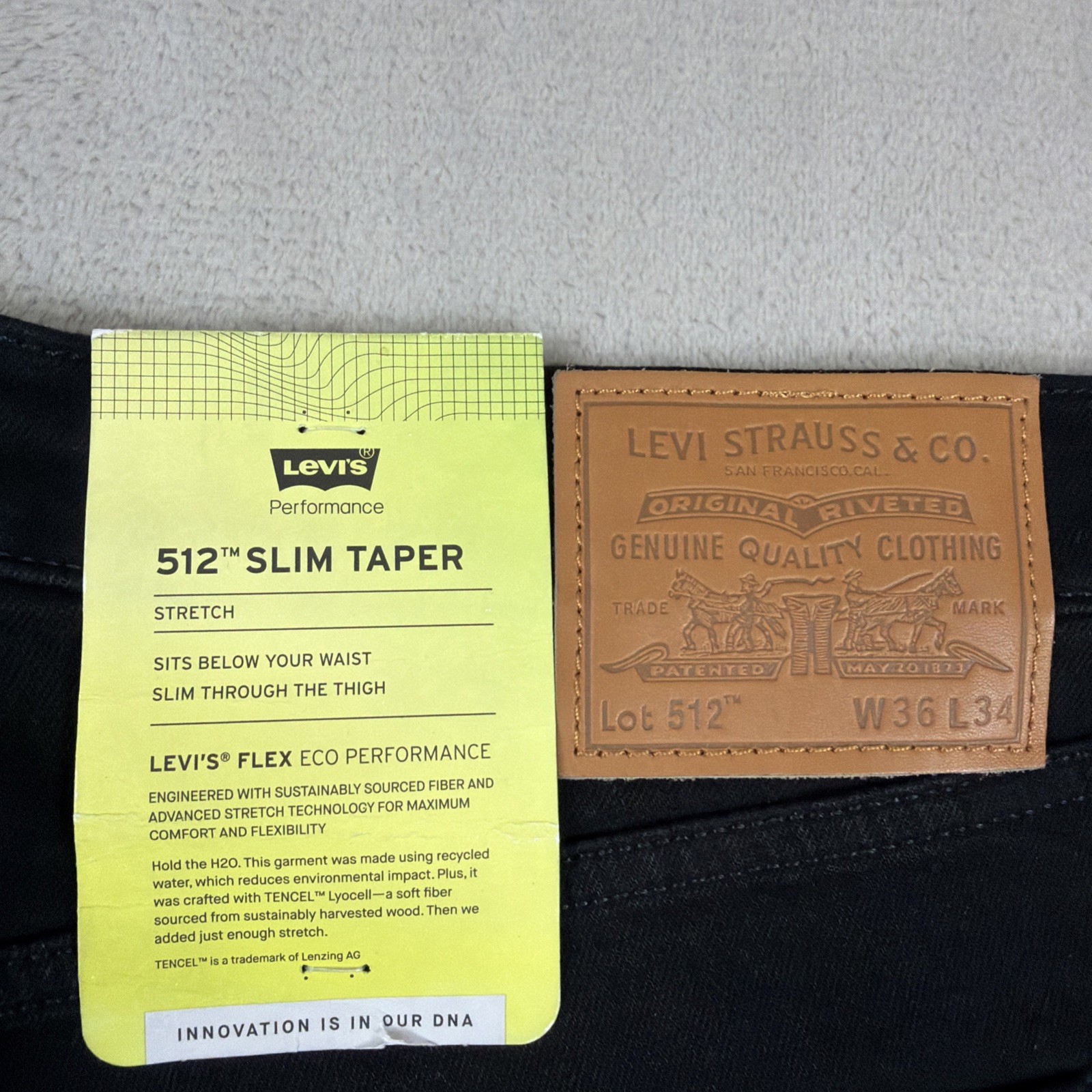 Levi’s Premium 512 Jeans Men’s Size 36×34 Black Denim Slim Taper Big E Stretch