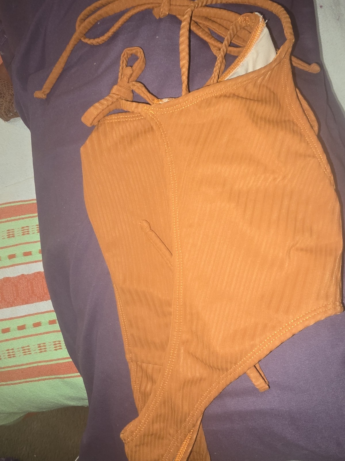 Women’s Orange Ribbed Cutout Halter One Piece Swimsuit Thong Tie Front L/one-sz