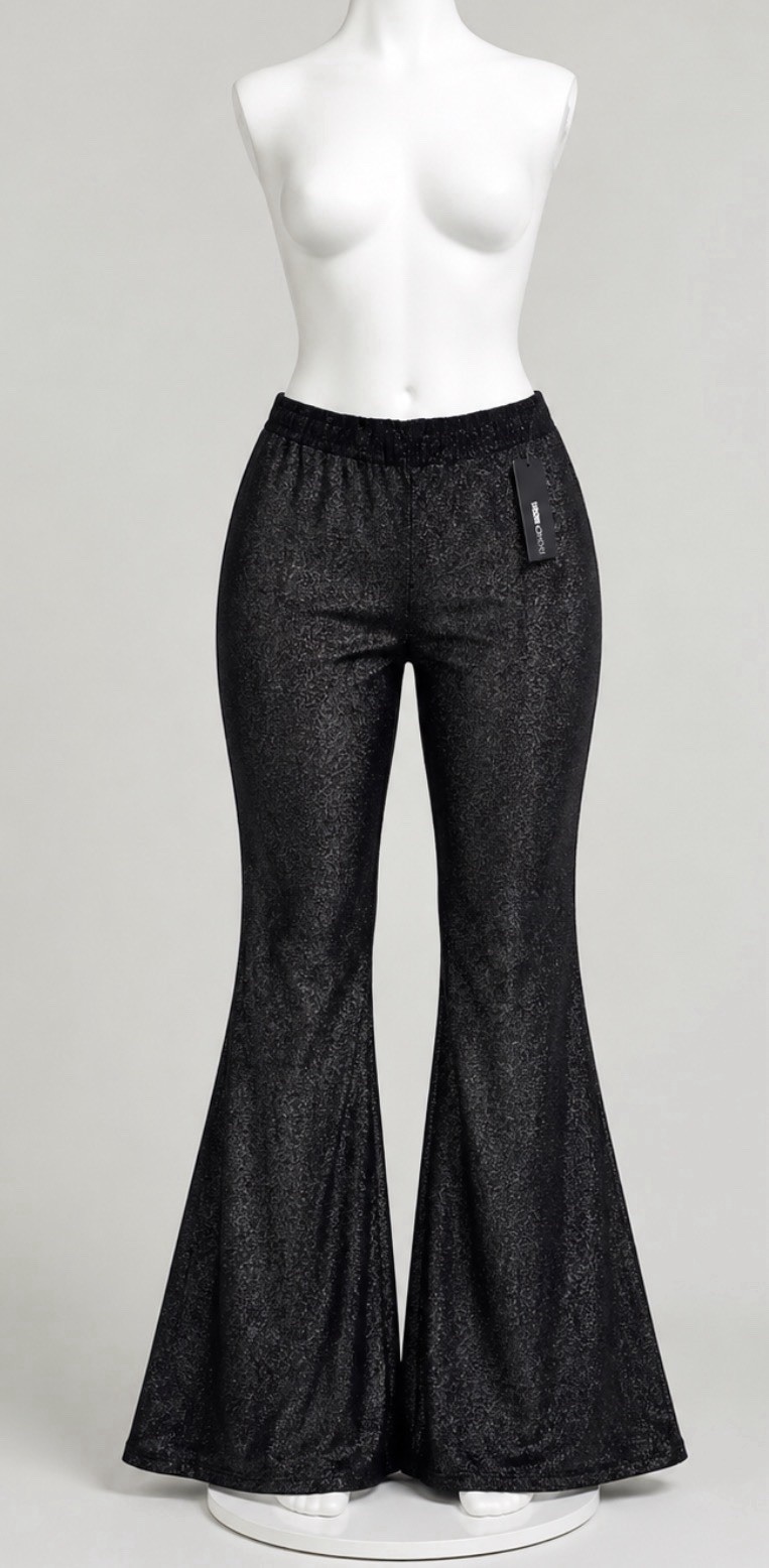 Fashion Nova Women’s Black Pull-On Glitter Flare Pants Stretch Solid. S