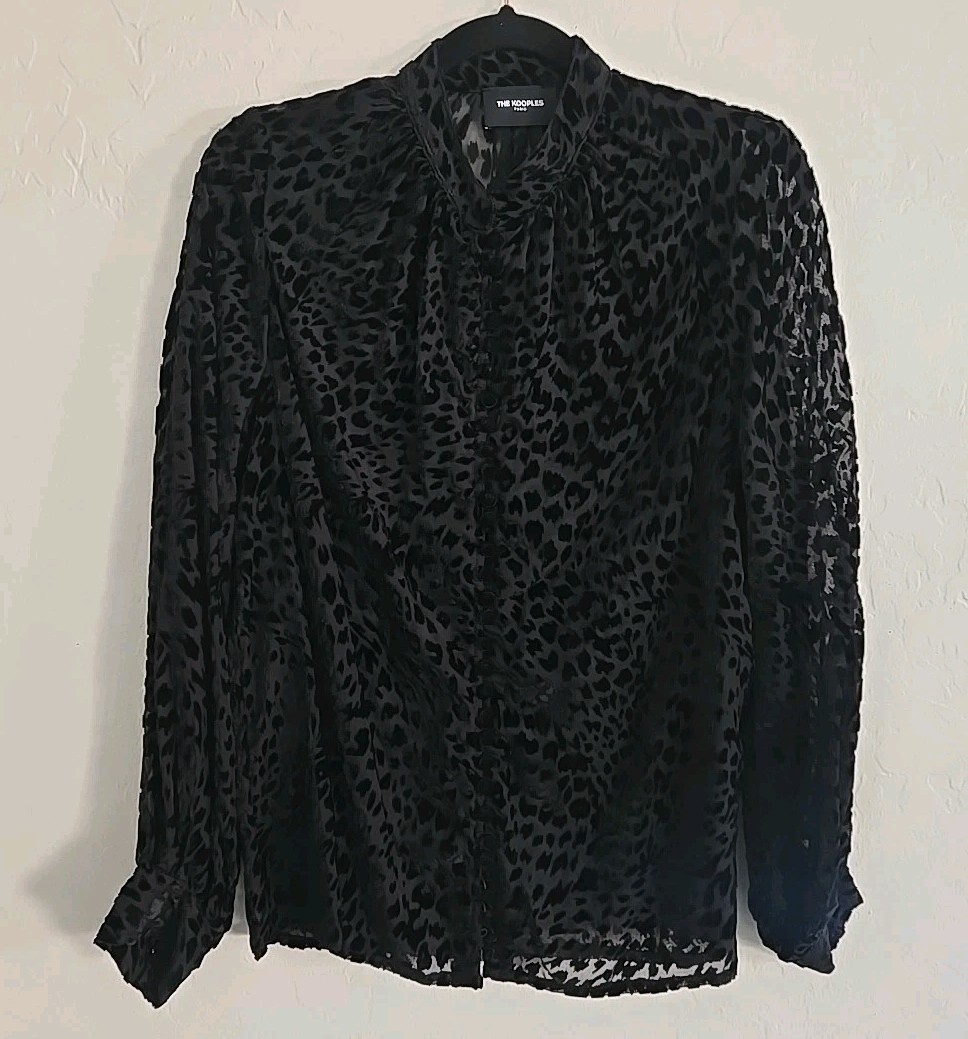 The Kooples Paris Leopard Devoré Velvet Burnout Blouse Top Black Size 2 Medium
