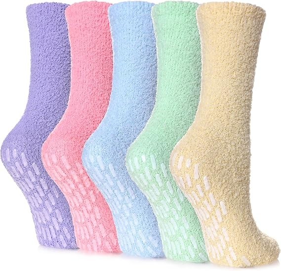 Non Slip Hospital Socks for Women with Grips 5 Pairs Non Slip Solid Color