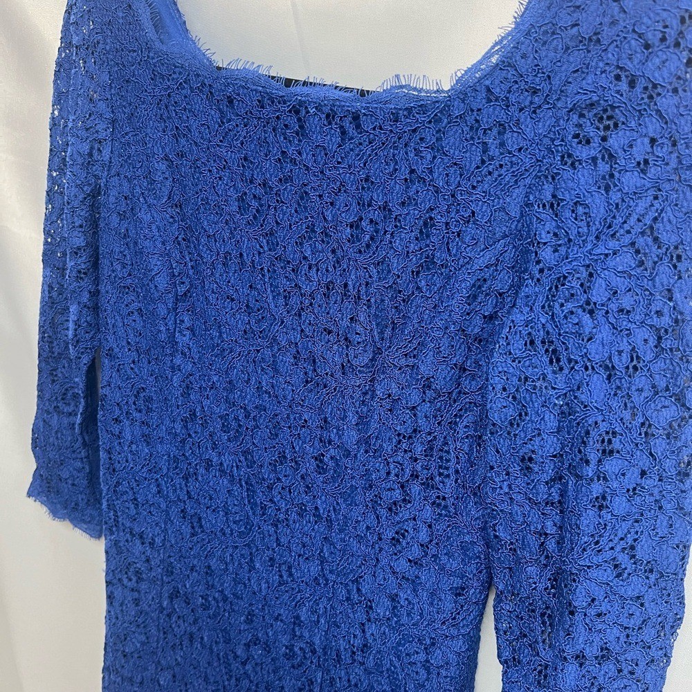 Adrianna Papell Blue Lace Long Sleeve Evening Dress Scalloped Mother of Bride 6
