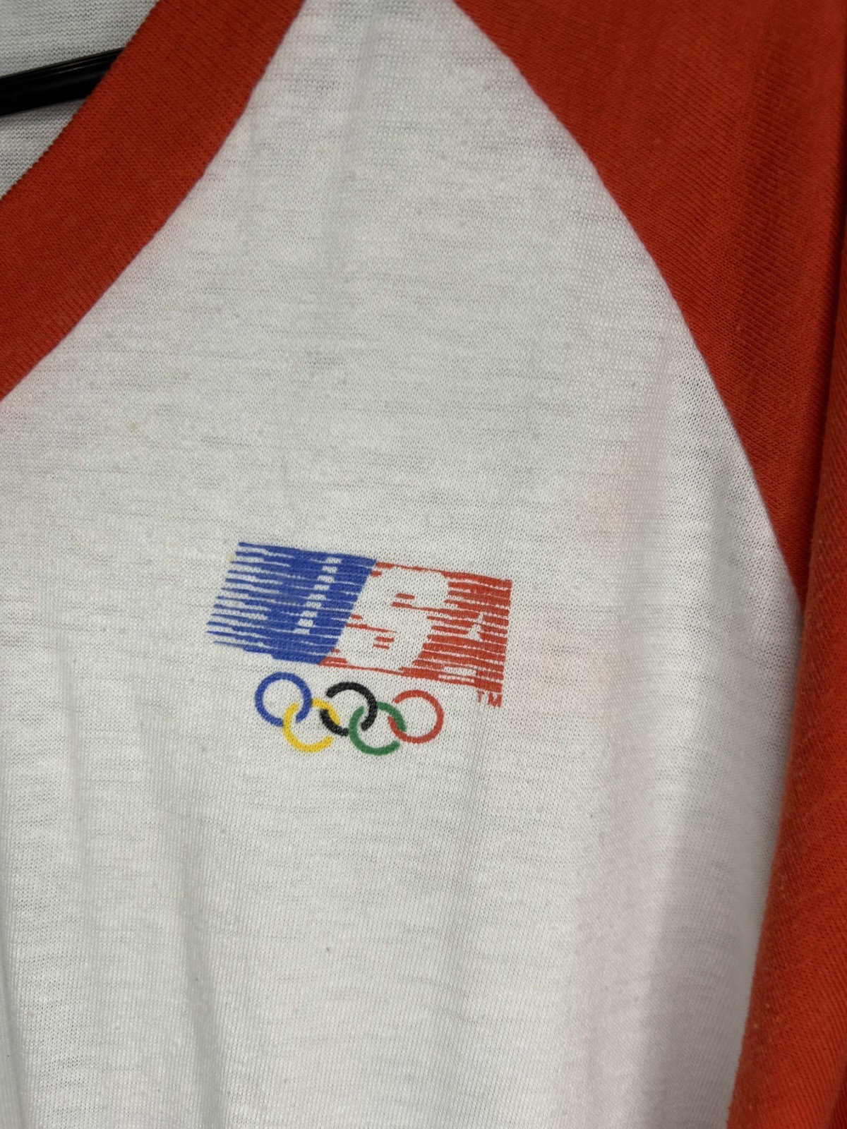 Vintage 80s Levis USA Olympics Shirt Size XL White Red V Neck 1984 Sports