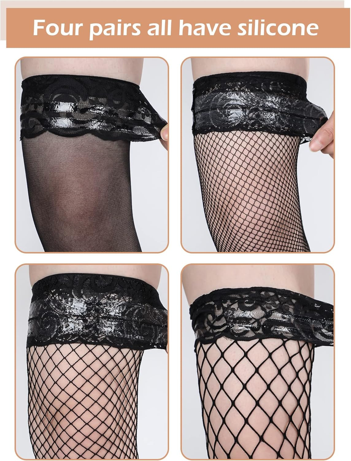 4 Pairs Fishnet Thigh High Stocking Silicone Lace Top Sheer Over Knee Stockings